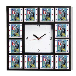 Evel Knievel Stunt Cycle Clock promo around the Clock with 12 surrounding images